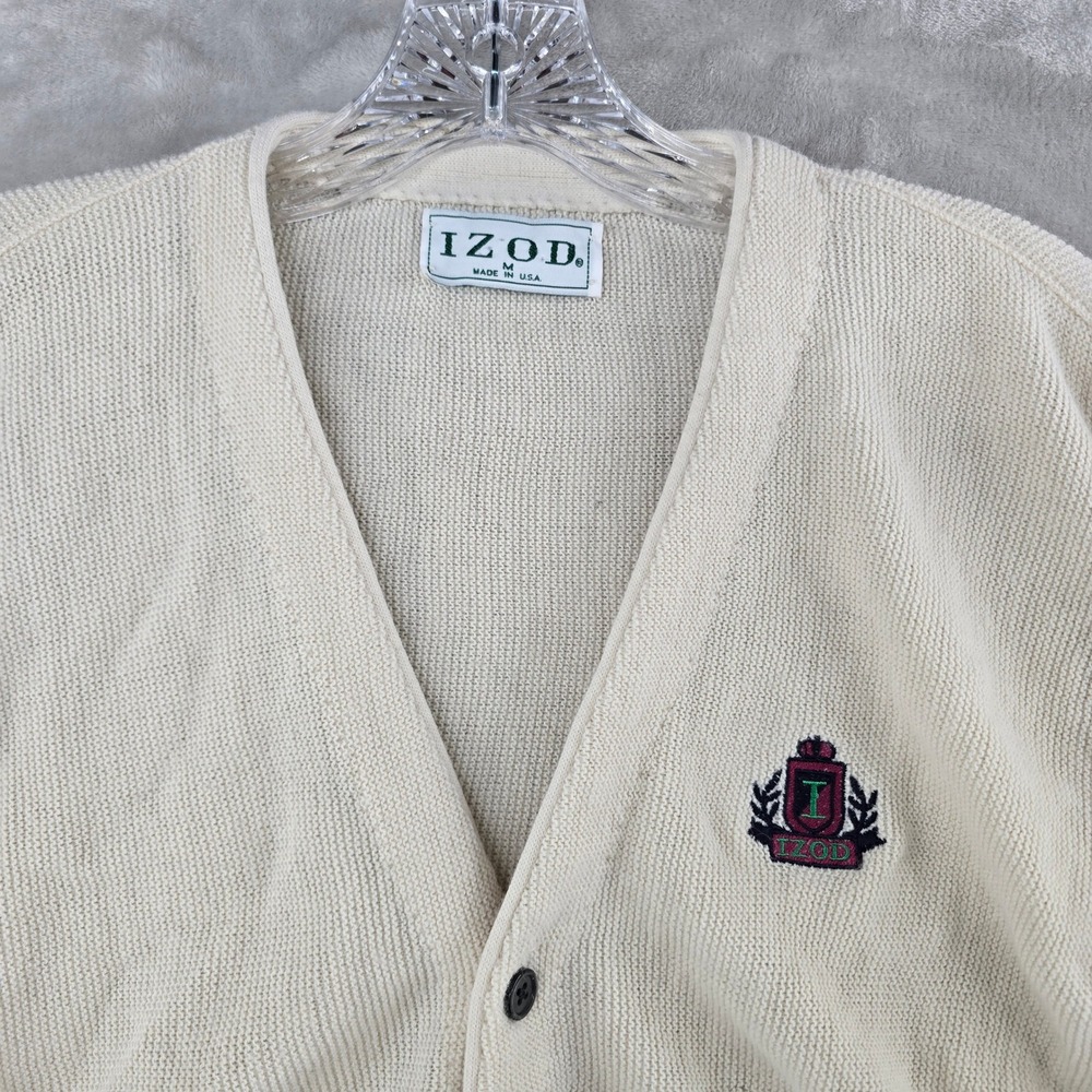 Vintage Izod Cardigan Sweater Mens M Cream Vintage Made in USA Crest Logo Knit